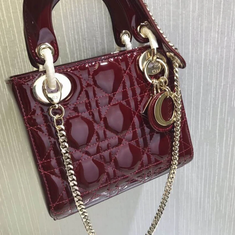Replica valentino bags Removable Christian Dior Mini Lady Dior Bag Burgundy Patent Cannage Calfskin