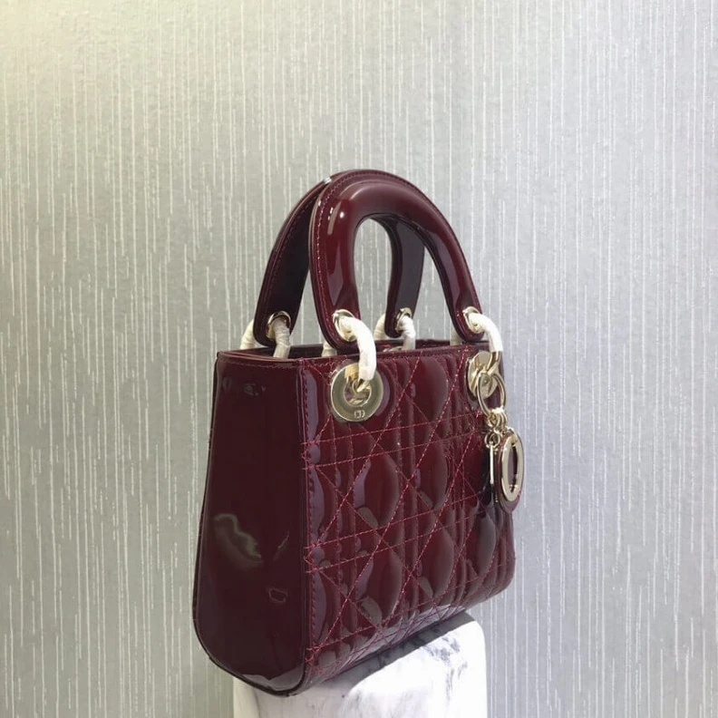 Replica valentino bags Removable Christian Dior Mini Lady Dior Bag Burgundy Patent Cannage Calfskin