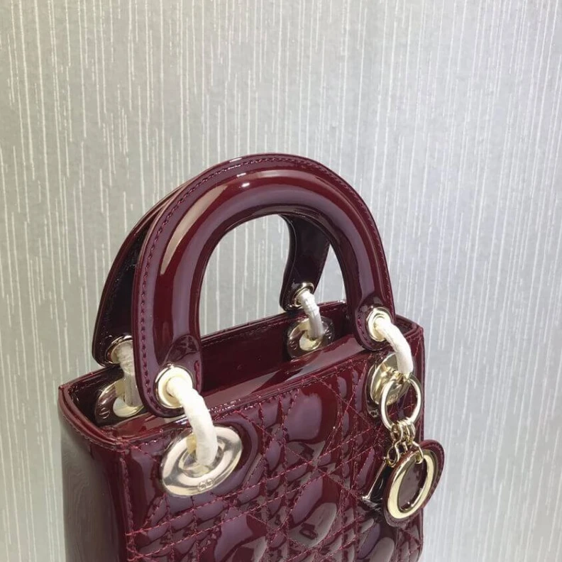 Replica valentino bags Removable Christian Dior Mini Lady Dior Bag Burgundy Patent Cannage Calfskin