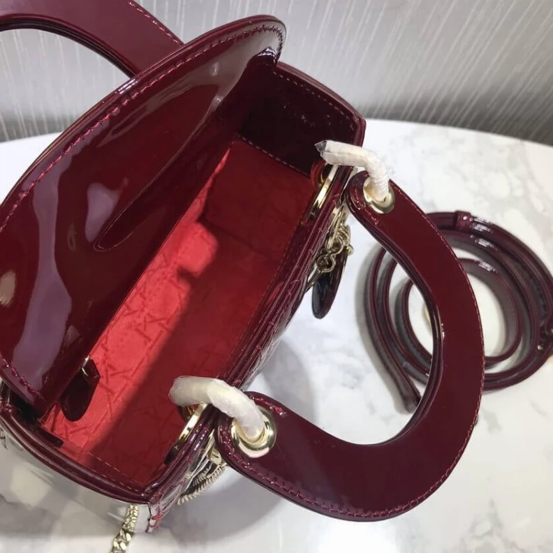 Replica valentino bags Removable Christian Dior Mini Lady Dior Bag Burgundy Patent Cannage Calfskin