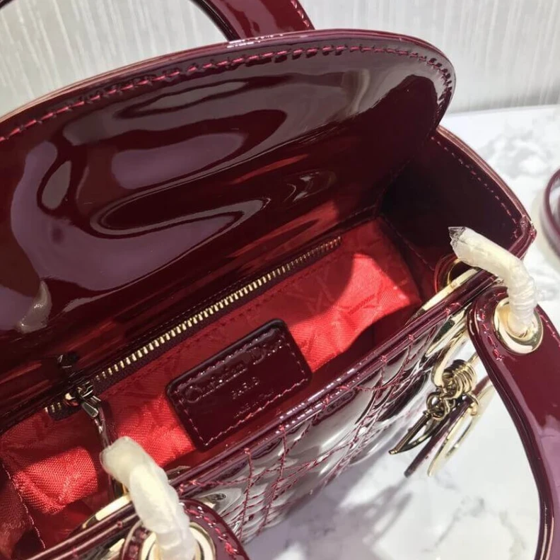 Replica valentino bags Removable Christian Dior Mini Lady Dior Bag Burgundy Patent Cannage Calfskin