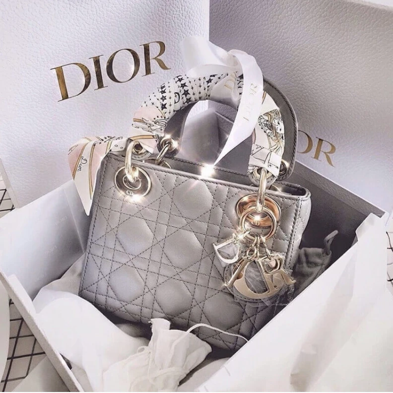 17 x 15 x Christian Dior Mini Lady Dior Bag Grey Cannage Lambskin