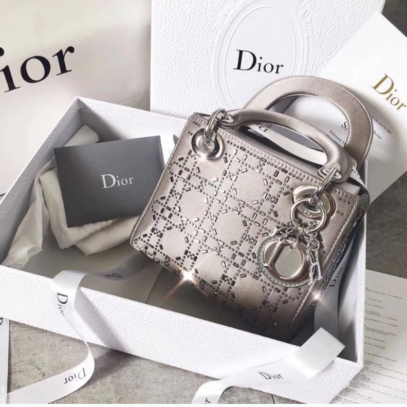 The bag m Christian Dior Mini Lady Dior Bag Metallic Calfskin with Platinum Beaded Cannage Embroidery