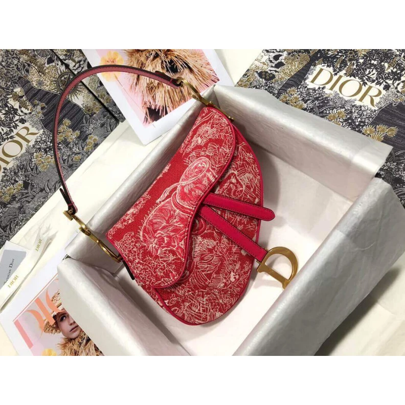 Louis vuitton locations 'CD' sign Christian Dior Saddle Bag Raspberry Toile de Jouy Reverse Jacquard