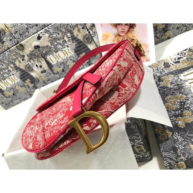 Louis vuitton locations 'CD' sign Christian Dior Saddle Bag Raspberry Toile de Jouy Reverse Jacquard