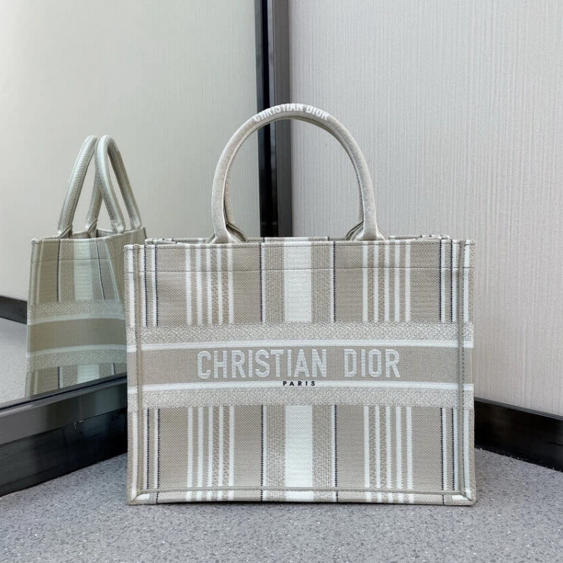 The Dior B Christian Dior Small Book Tote Beige Stripes Embroidery