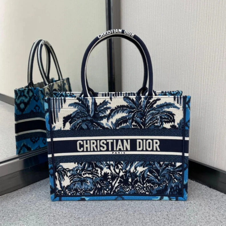 The Dior B Christian Dior Small Book Tote in Blue Palms Embroidery