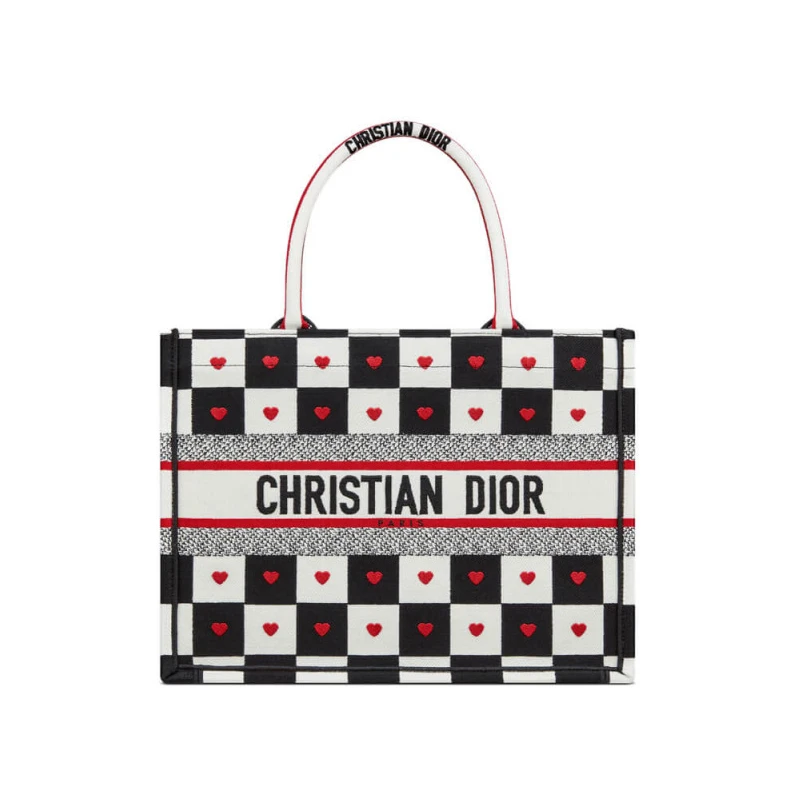 Black, Wh Christian Dior Small Dioramour Book Tote D-Chess Heart Embroidery