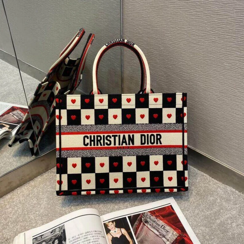 High quality replica bags Black, Wh Christian Dior Small Dioramour Book Tote D-Chess Heart Embroidery