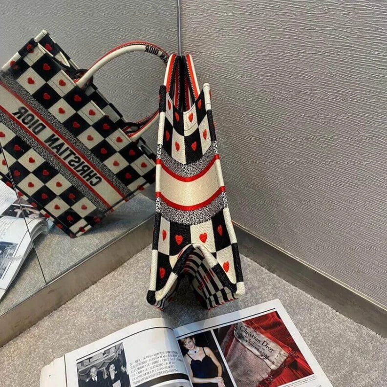 High quality replica bags Black, Wh Christian Dior Small Dioramour Book Tote D-Chess Heart Embroidery
