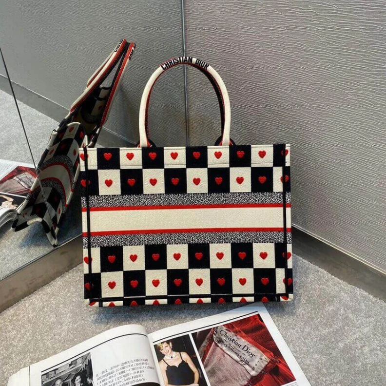 High quality replica bags Black, Wh Christian Dior Small Dioramour Book Tote D-Chess Heart Embroidery