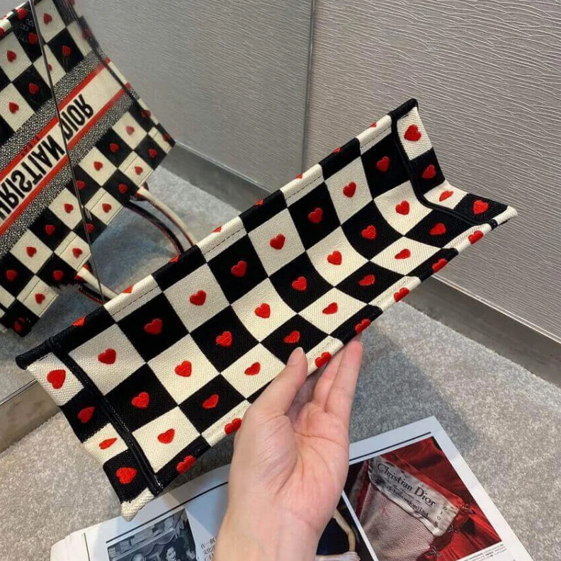 High quality replica bags Black, Wh Christian Dior Small Dioramour Book Tote D-Chess Heart Embroidery