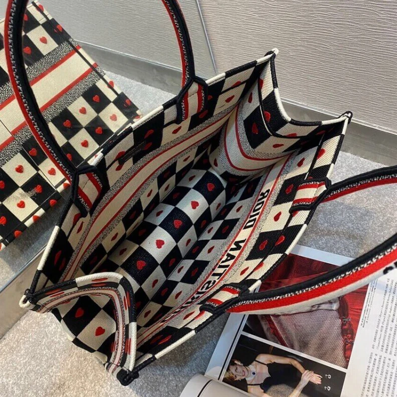 High quality replica bags Black, Wh Christian Dior Small Dioramour Book Tote D-Chess Heart Embroidery