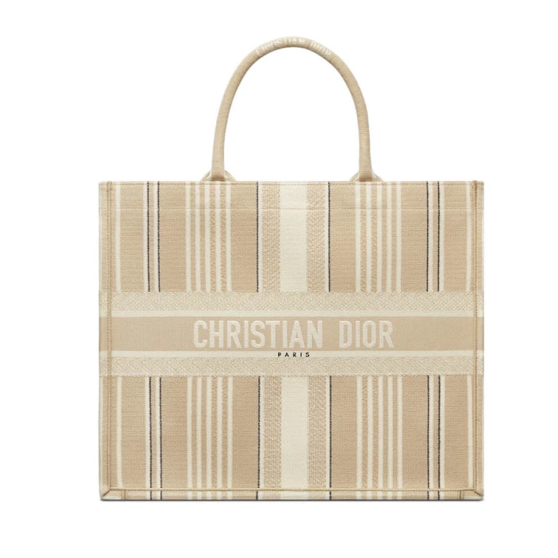 'Christia Dior Book Tote Beige Stripes Embroidery