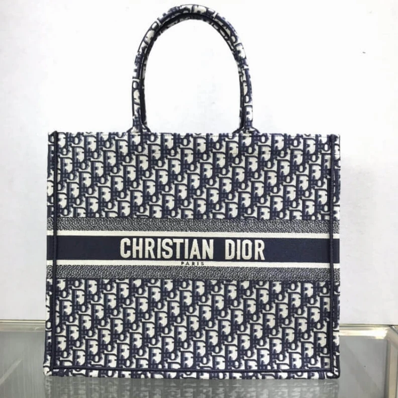 Top lv CHRISTIAN Dior Book Tote Blue Dior Oblique Embroidery