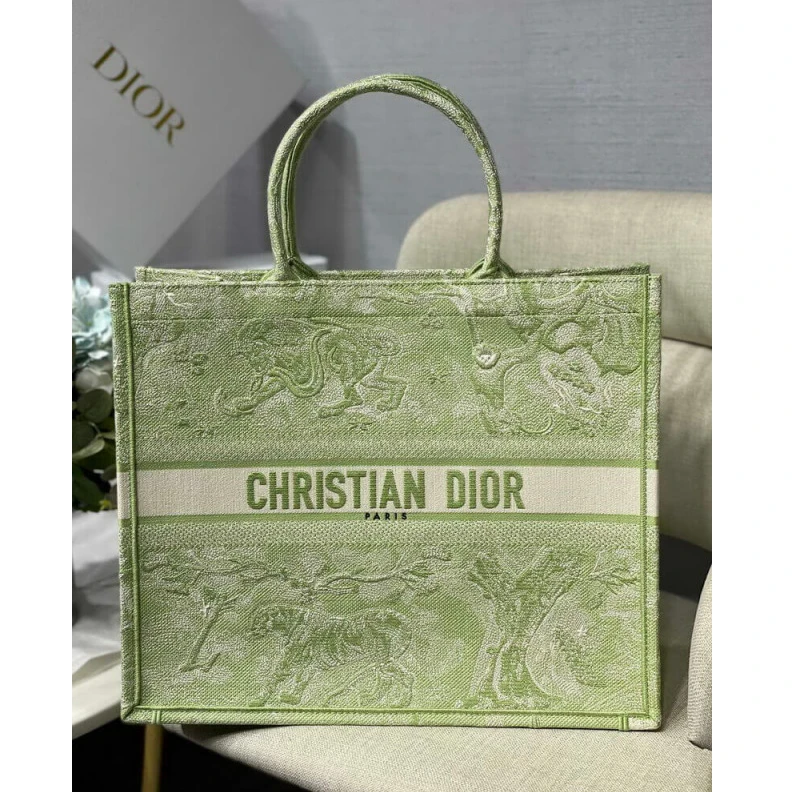 41.5 x 35 Dior Book Tote Lime Toile de Jouy Reverse Embroidery