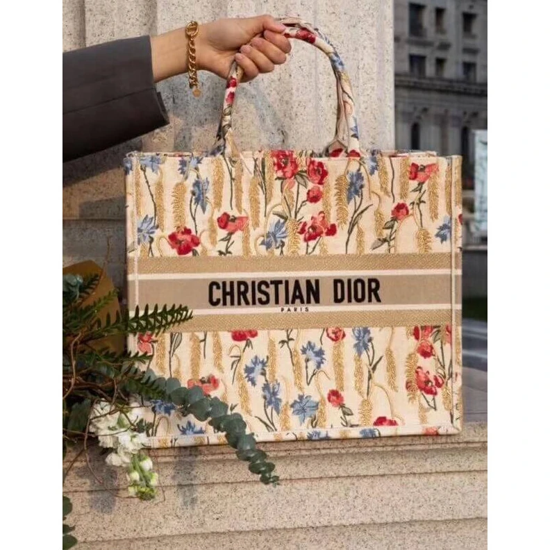 The Dior B Dior Book Tote in Beige Multicolor Hibiscus Metallic Thread Embroidery