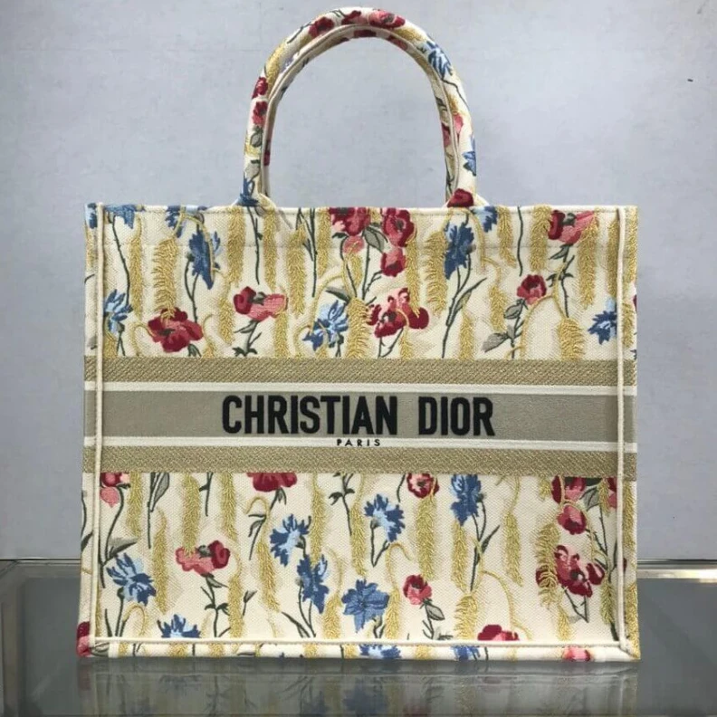 Replica bags The Dior B Dior Book Tote in Beige Multicolor Hibiscus Metallic Thread Embroidery