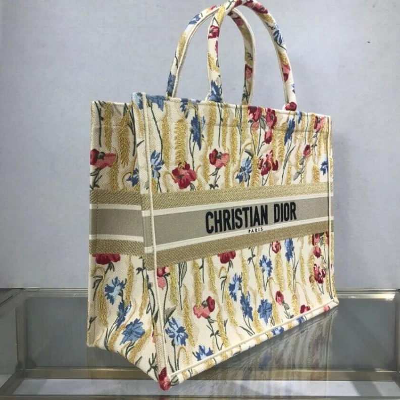 Replica bags The Dior B Dior Book Tote in Beige Multicolor Hibiscus Metallic Thread Embroidery