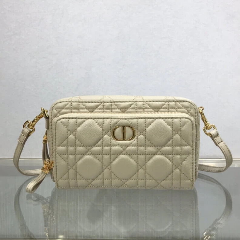 2 large c Dior Caro Double Pouch Beige Supple Cannage Calfskin