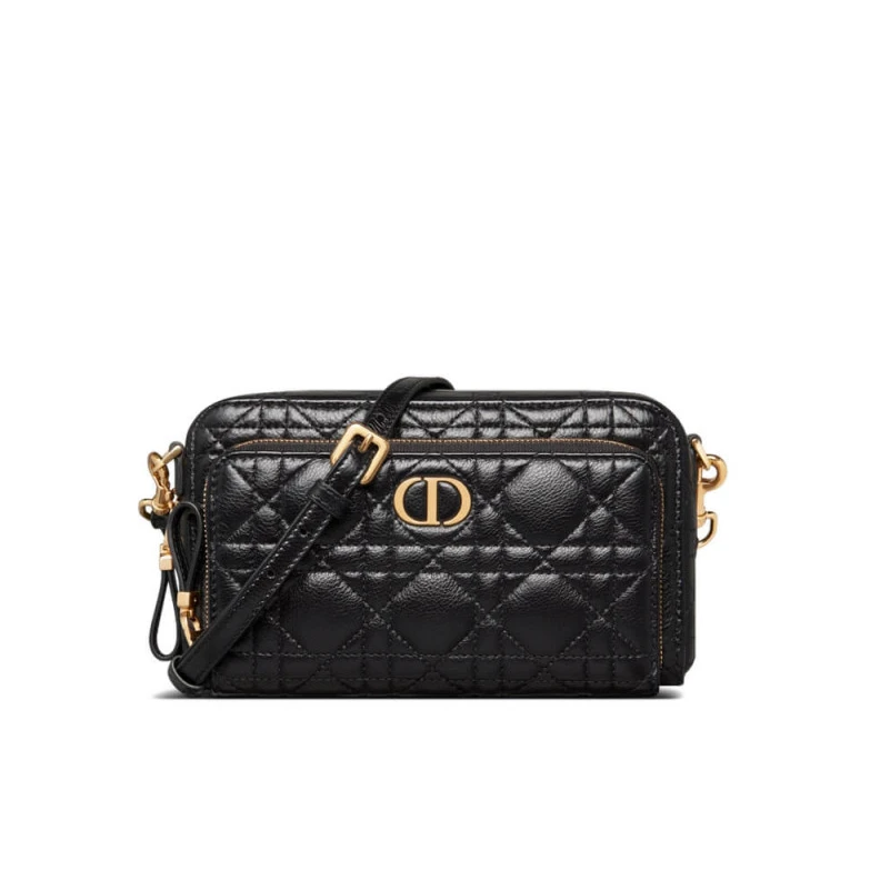 2 card sl Dior Caro Double Pouch Black Supple Cannage Calfskin