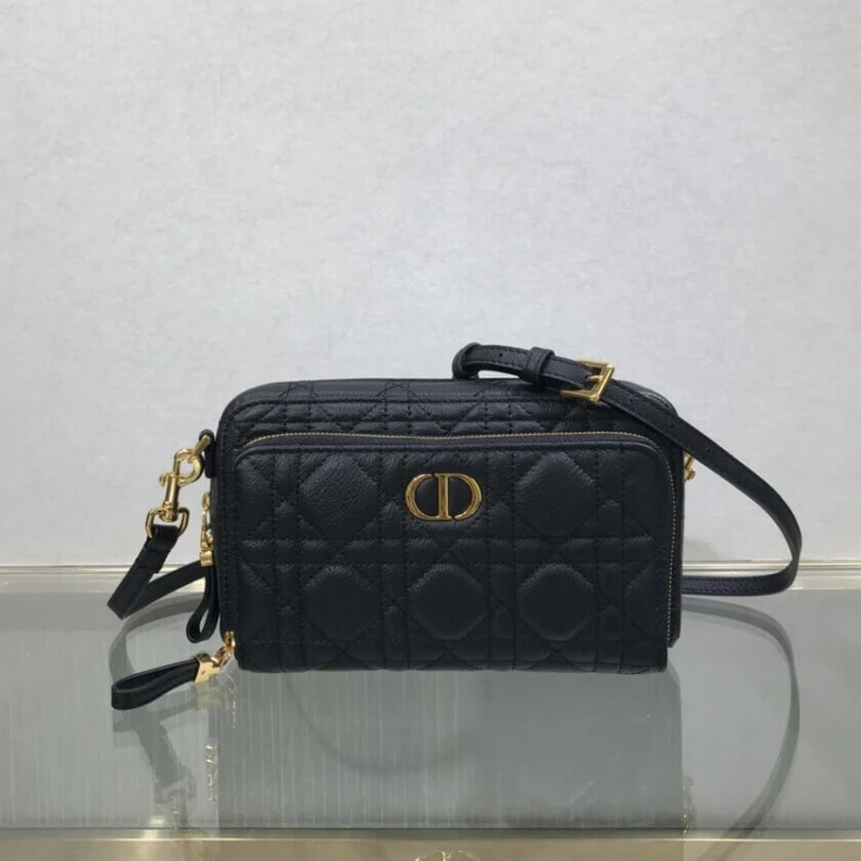 High quality replica bags 2 card sl Dior Caro Double Pouch Black Supple Cannage Calfskin