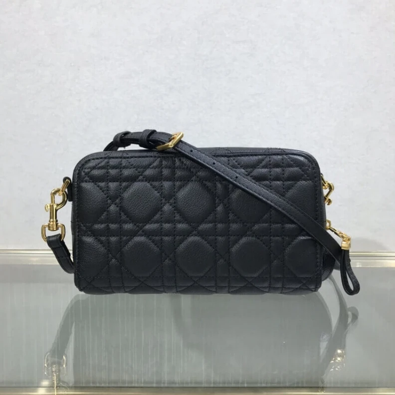 High quality replica bags 2 card sl Dior Caro Double Pouch Black Supple Cannage Calfskin