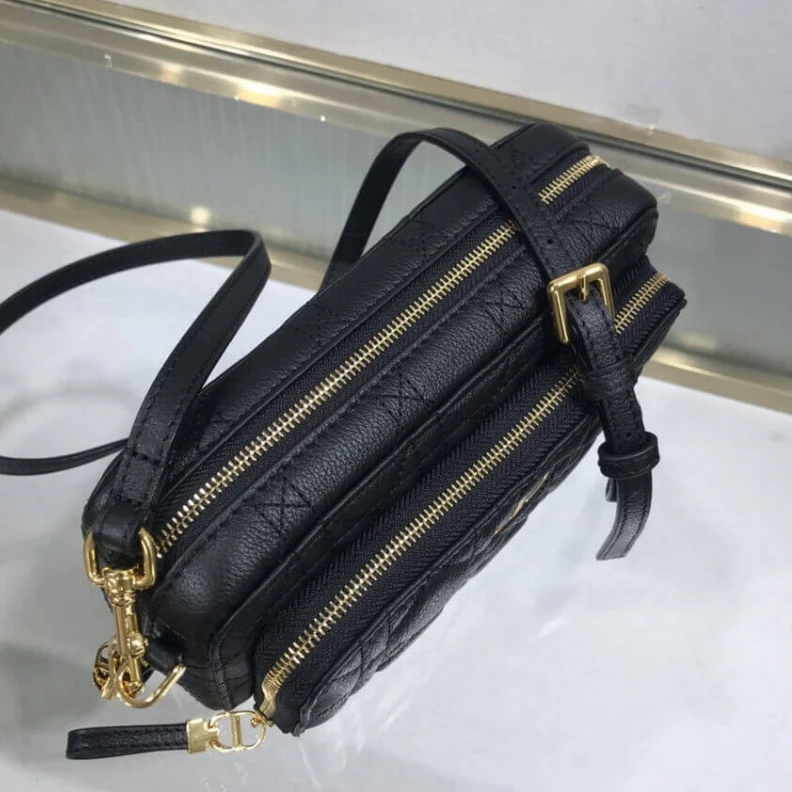 High quality replica bags 2 card sl Dior Caro Double Pouch Black Supple Cannage Calfskin