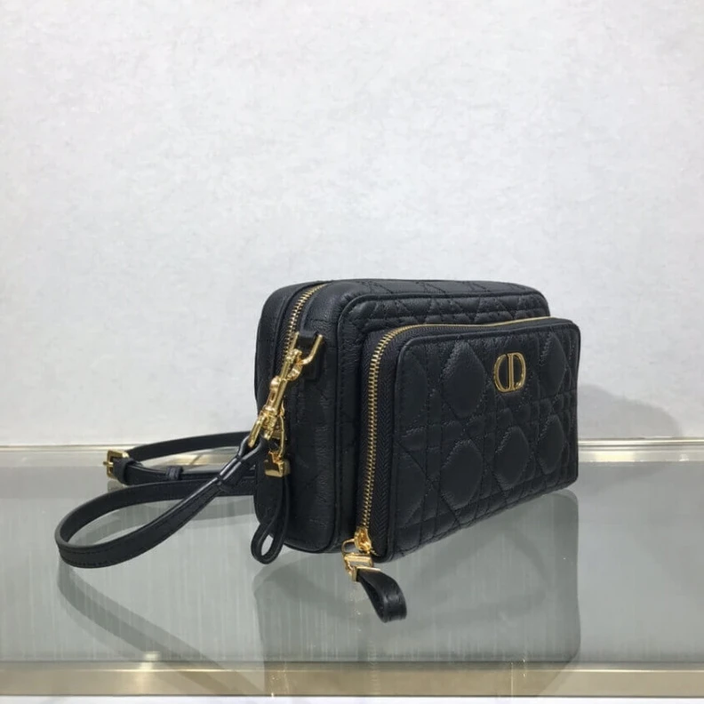 High quality replica bags 2 card sl Dior Caro Double Pouch Black Supple Cannage Calfskin