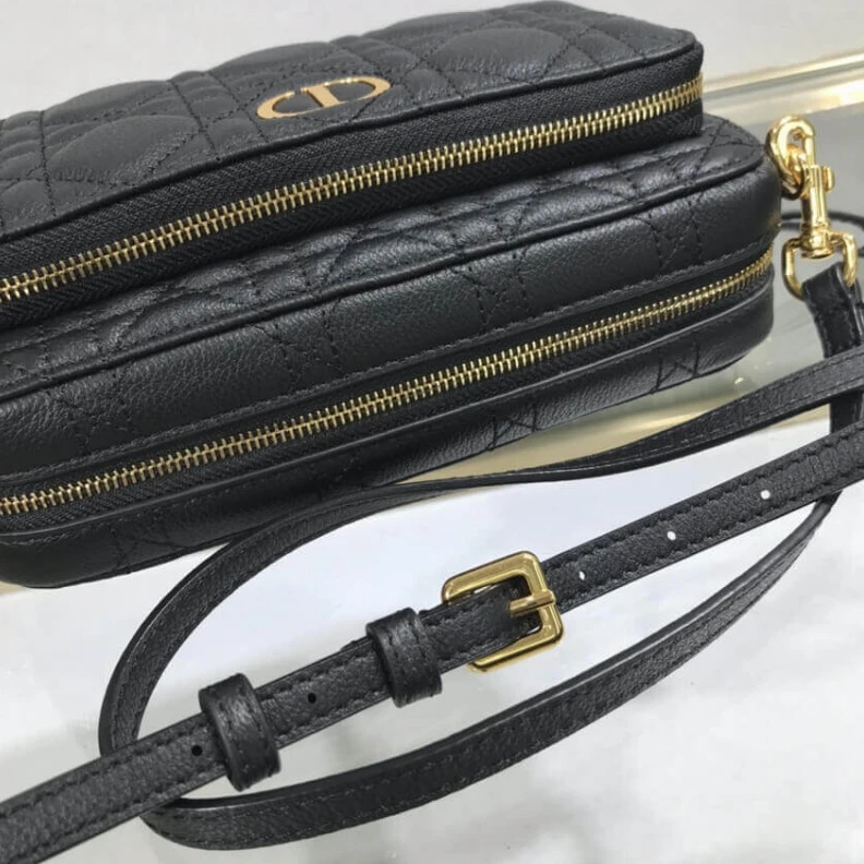 High quality replica bags 2 card sl Dior Caro Double Pouch Black Supple Cannage Calfskin