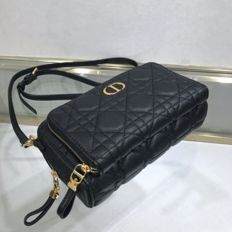 High quality replica bags 2 card sl Dior Caro Double Pouch Black Supple Cannage Calfskin
