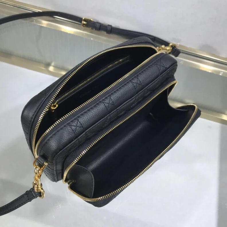 High quality replica bags 2 card sl Dior Caro Double Pouch Black Supple Cannage Calfskin