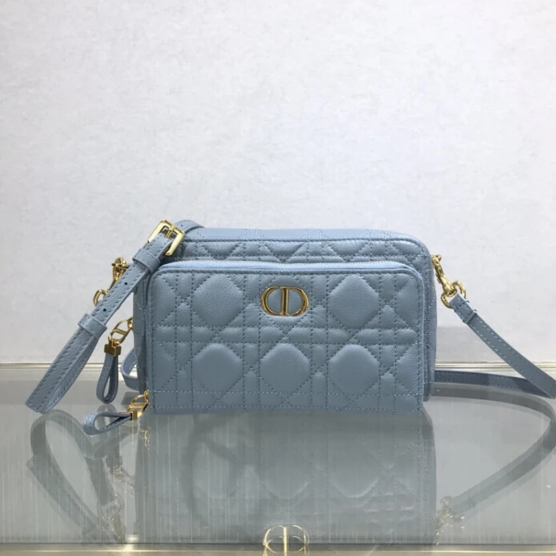 Removable Dior Caro Double Pouch Cloud Blue Supple Cannage Calfskin
