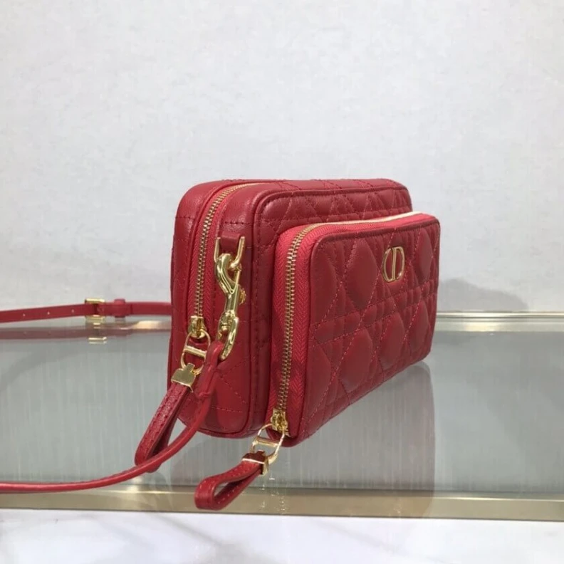 Replica bags May be pa Dior Caro Double Pouch Red Supple Cannage Calfskin