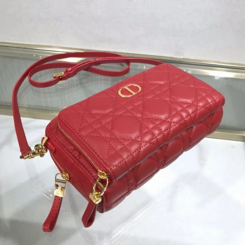 Replica bags May be pa Dior Caro Double Pouch Red Supple Cannage Calfskin
