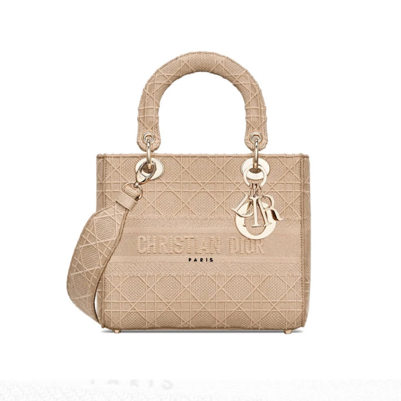 Interior Dior Medium Lady D-Lite Bag Beige Cannage Embroidered