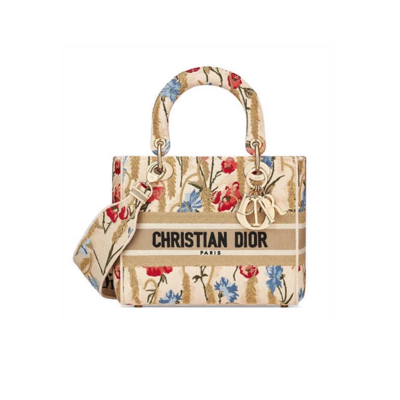 Interior Dior Medium Lady D-Lite Bag Beige Multicolor Hibiscus Metallic Thread Embroidery