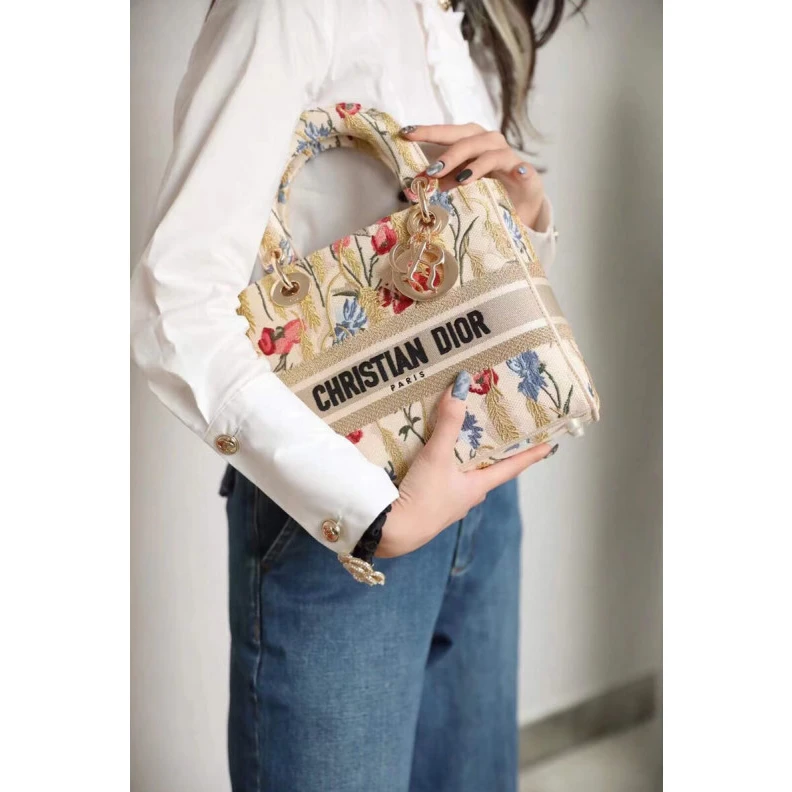 Replica bags Interior Dior Medium Lady D-Lite Bag Beige Multicolor Hibiscus Metallic Thread Embroidery