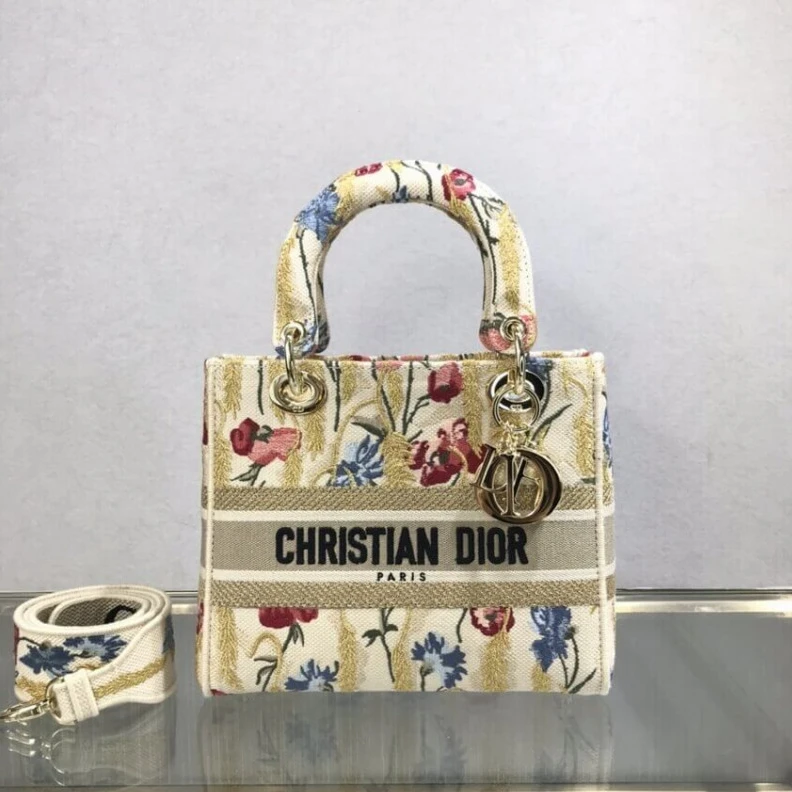 Replica bags Interior Dior Medium Lady D-Lite Bag Beige Multicolor Hibiscus Metallic Thread Embroidery