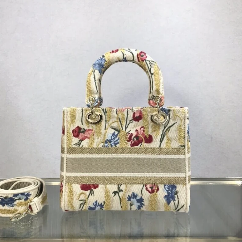 Replica bags Interior Dior Medium Lady D-Lite Bag Beige Multicolor Hibiscus Metallic Thread Embroidery