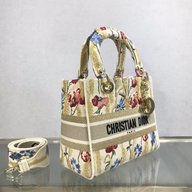 Replica bags Interior Dior Medium Lady D-Lite Bag Beige Multicolor Hibiscus Metallic Thread Embroidery