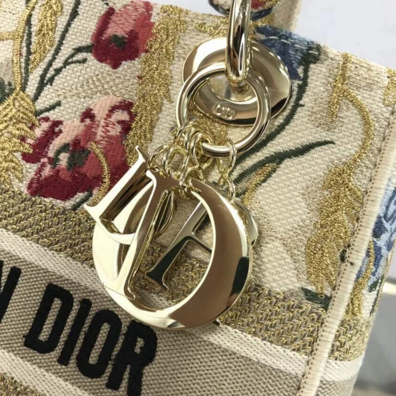 Replica bags Interior Dior Medium Lady D-Lite Bag Beige Multicolor Hibiscus Metallic Thread Embroidery