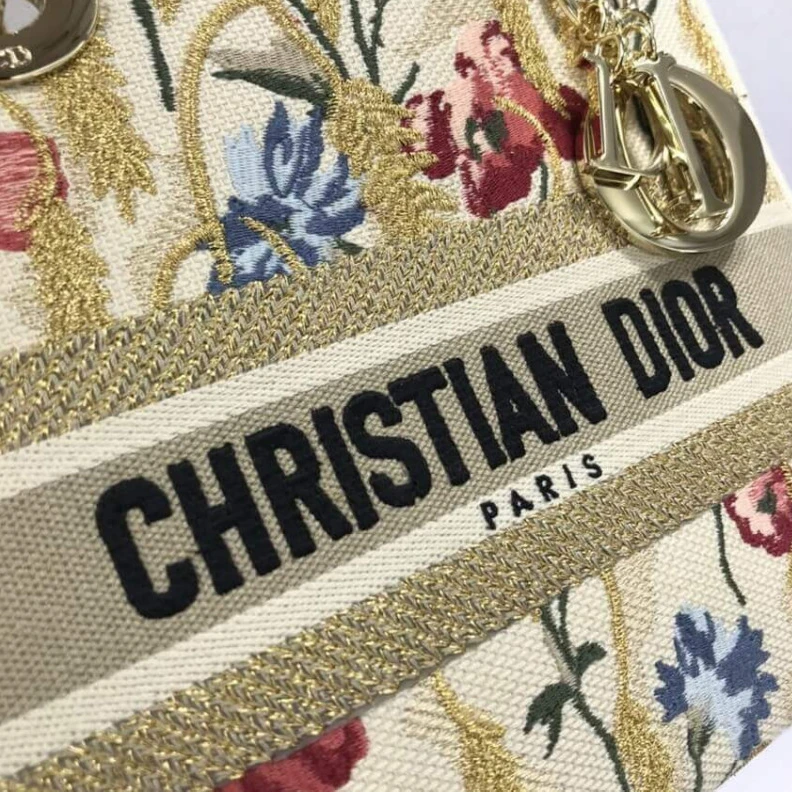 Replica bags Interior Dior Medium Lady D-Lite Bag Beige Multicolor Hibiscus Metallic Thread Embroidery
