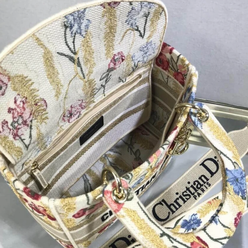 Replica bags Interior Dior Medium Lady D-Lite Bag Beige Multicolor Hibiscus Metallic Thread Embroidery