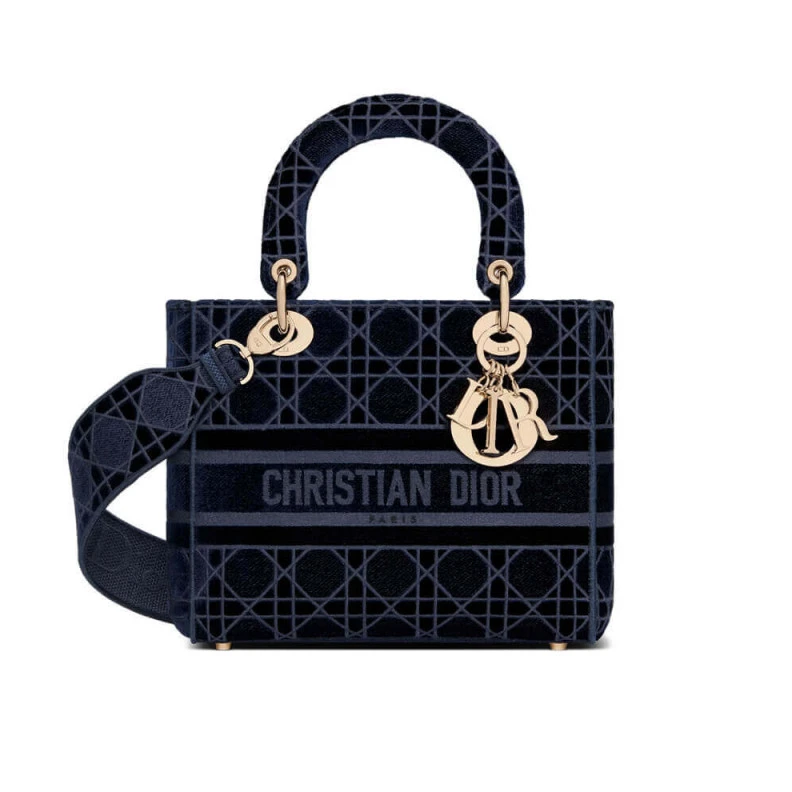 Interior Dior Medium Lady D-Lite Bag Blue Cannage Embroidered Velvet