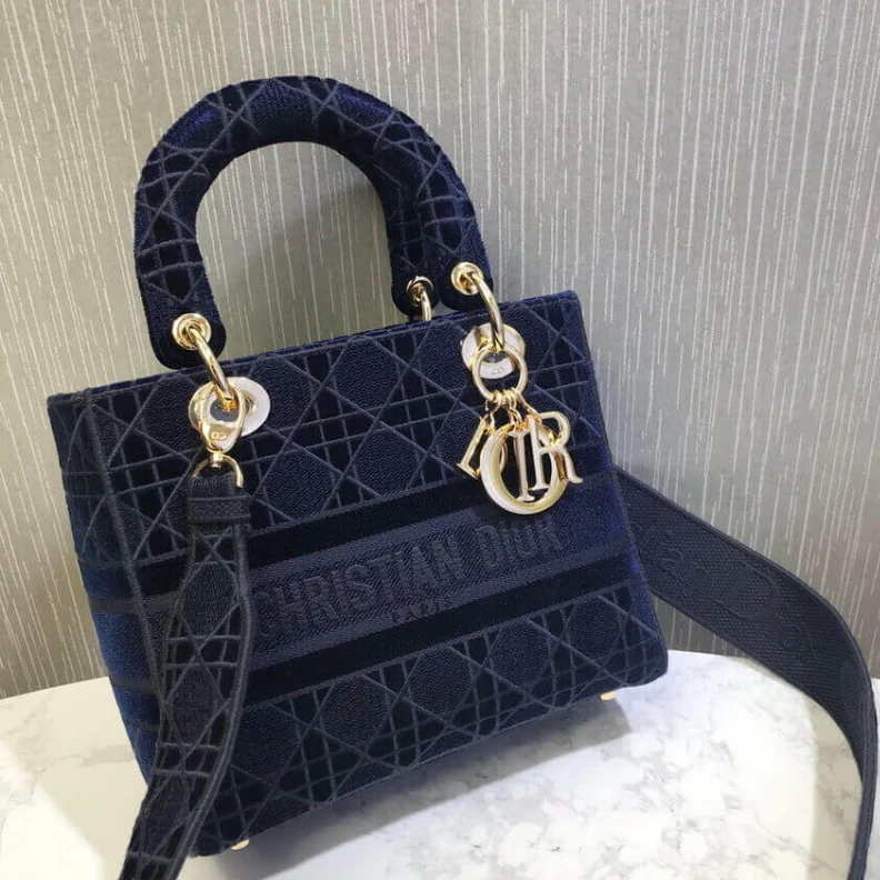 Louis vuitton locations Interior Dior Medium Lady D-Lite Bag Blue Cannage Embroidered Velvet
