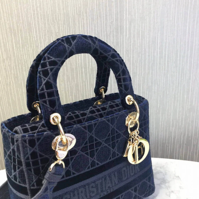 Louis vuitton locations Interior Dior Medium Lady D-Lite Bag Blue Cannage Embroidered Velvet