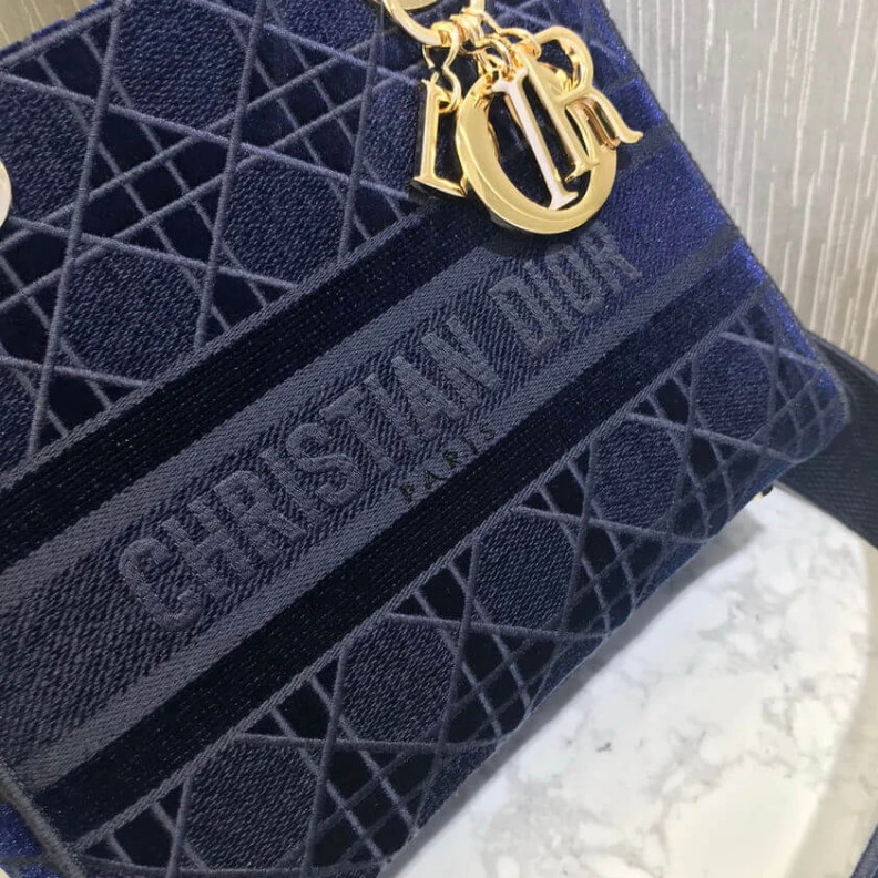 Louis vuitton locations Interior Dior Medium Lady D-Lite Bag Blue Cannage Embroidered Velvet