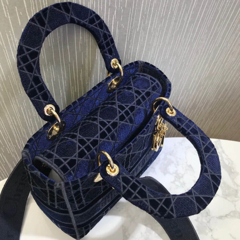 Louis vuitton locations Interior Dior Medium Lady D-Lite Bag Blue Cannage Embroidered Velvet