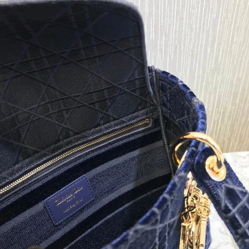 Louis vuitton locations Interior Dior Medium Lady D-Lite Bag Blue Cannage Embroidered Velvet